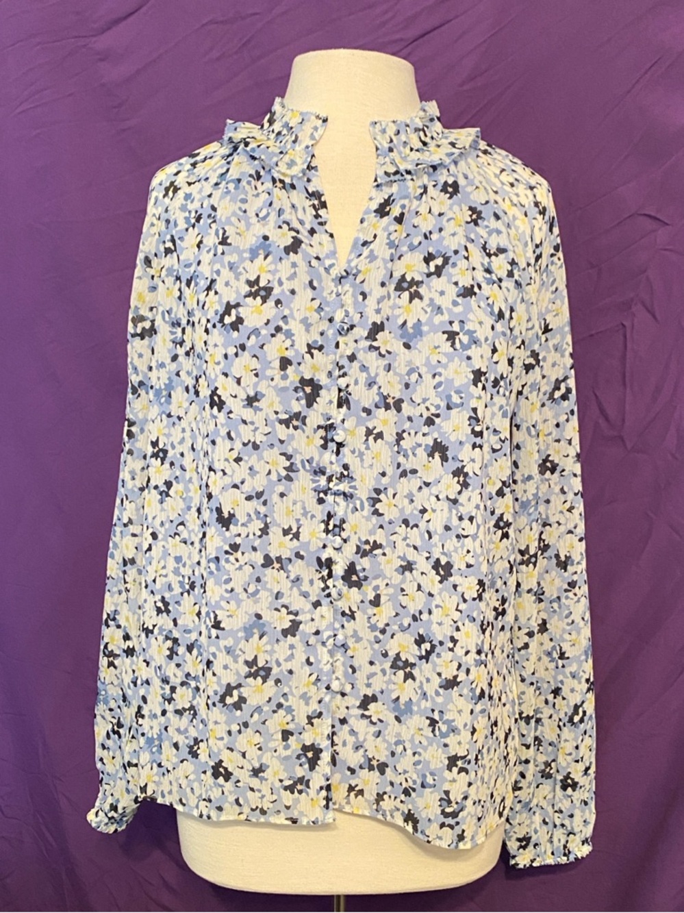 Ann Taylor Light Blue Floral Ruffle-Neck Blouse. Size MT.